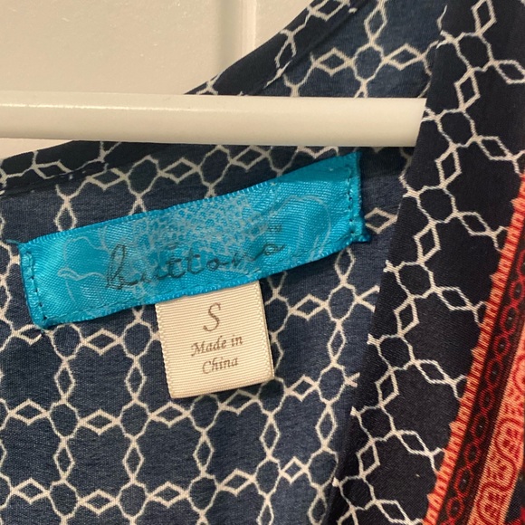 Buttons Romper in navy print with orange trim, size small, super cute! - Picture 2 of 6